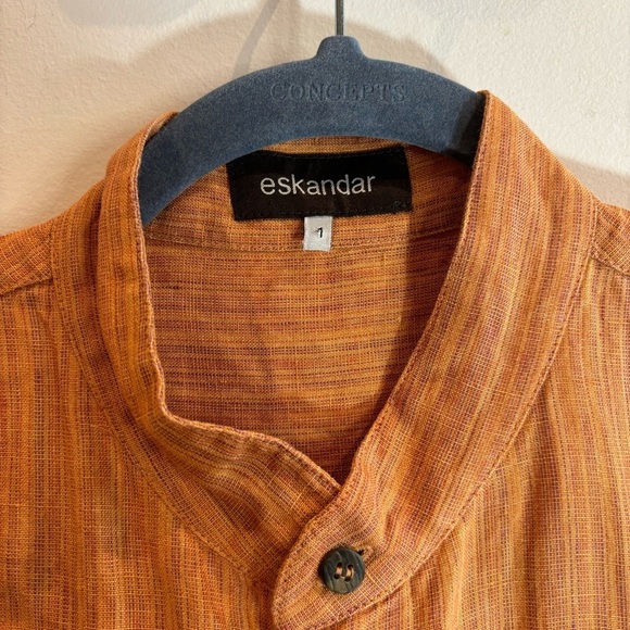 ESKANDAR Sz 1 (vanity) Dress Tunic Mao Collar Patch Pockets 100% Linen Unlined - Picture 2 of 9